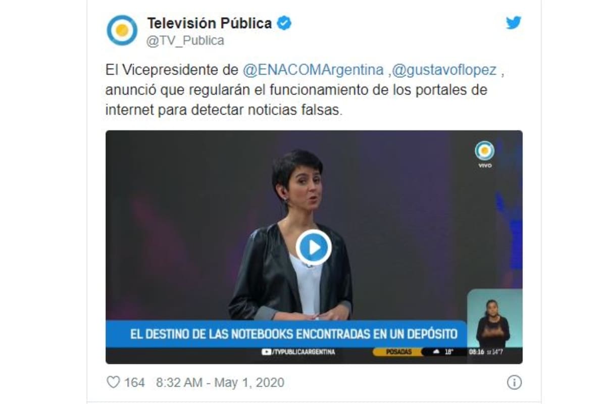 El tuit de la cuenta oficial de la Televisión Pública