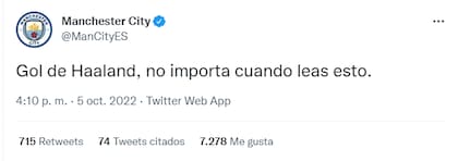 El tuit de la cuenta oficial de Manchester City (Foto: Twitter)