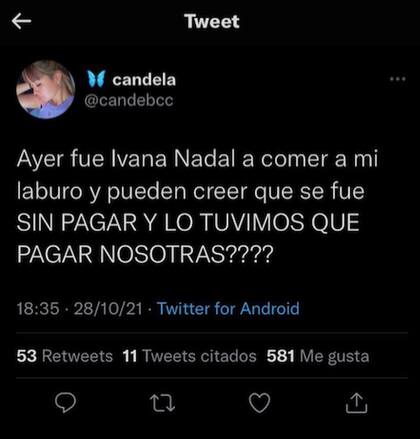 El tuit de la mesera del Bar donde asistió Ivana