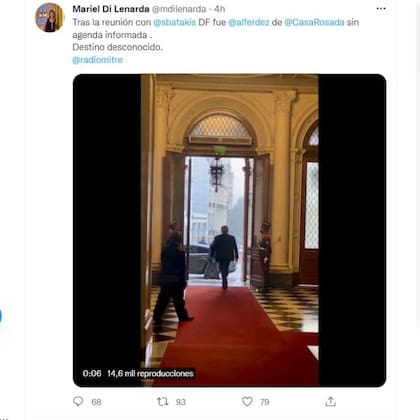El tuit de la periodista Mariel Di Lenarda que exhibió la salida solitaria de Alberto Fernández de la Casa Rosada que fue comentado por Pablo Rossi y Eduardo Feinmann