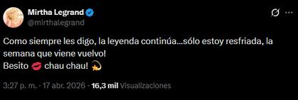 El tuit de Mirtha Legrand confirmando su ausencia al programa