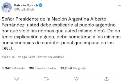 El tuit de Patricia Bullrich al presidente Alberto Fernández luego de difundirse las fotos de los festejos en Olivos en tiempos de cuarentena estricta