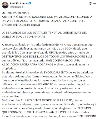 El tuit de Rodolfo Aguiar, Secretario General de ATE Nacional