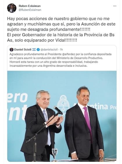 El tuit de Rubén Eslaiman contra Daniel Scioli