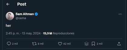 El tuit de Sam Altman, el CEO de OpenAI, haciendo referencia al asistente GPT-4o, que tenía una voz, Sky, muy parecida a la de Scarlett Johansson en la película Her