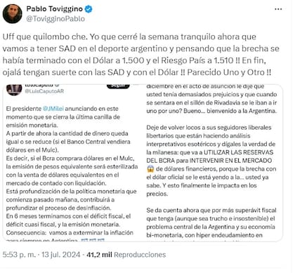 El tuit de Toviggino contra el Gobierno
