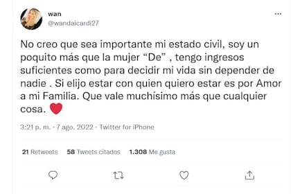 El tuit de Wanda Nara en el que relativiza su estado civil y dice que es "un poquito más que la mujer 'de'"