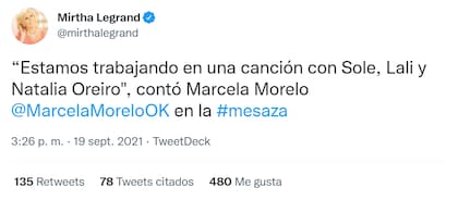 El tuit desde la cuenta de Mirtha Legrand con el que se difundió la información de la canción que cantaría a trío Natalia Oreiro, Lali Espósito y Soledad Pastorutti