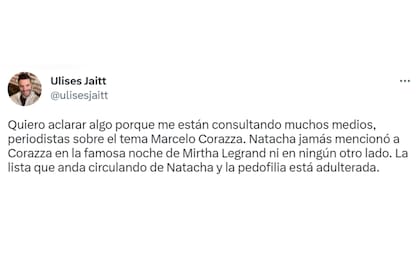El tuit en donde Ulises Jaitt desmintió que Natacha Jaitt haya nombrado a Marcelo Corazza como pedófilo