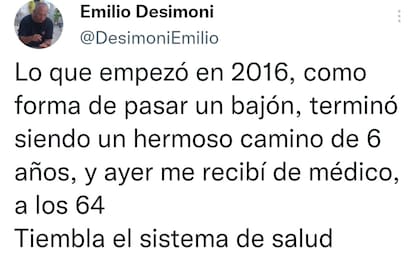 El tuit que Emilio Desimoni escribió en su cuenta de Twitter