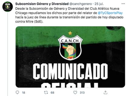 El tuit que emitió Nueva Chicago en repudio a los dichos del relator Ramón Ávila
