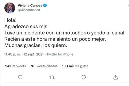 El tuit que escribió el domingo por la noche Viviana Canosa en el que cuenta su incidente con un motochorro