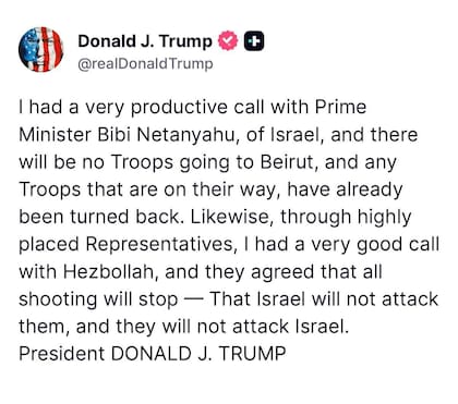 El tweet a través del cual Trump comunicó su conversación con Netanyahu