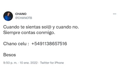 El tweet de Chano compartiendo su número