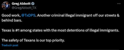 El tweet de Greg Abbott sobre la captura del inmigrante salvadoreño