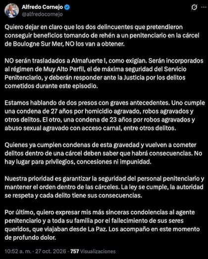 El tweet del gobernador sobre el motín - Alfredo Cornejo