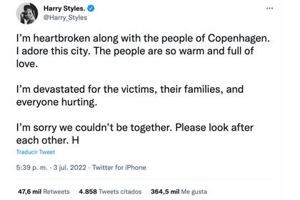El twitt con el que Harry Styles anunció la cancelación de su concierto