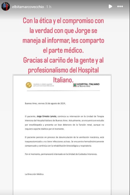 El último parte médico de Jorge Lanata
