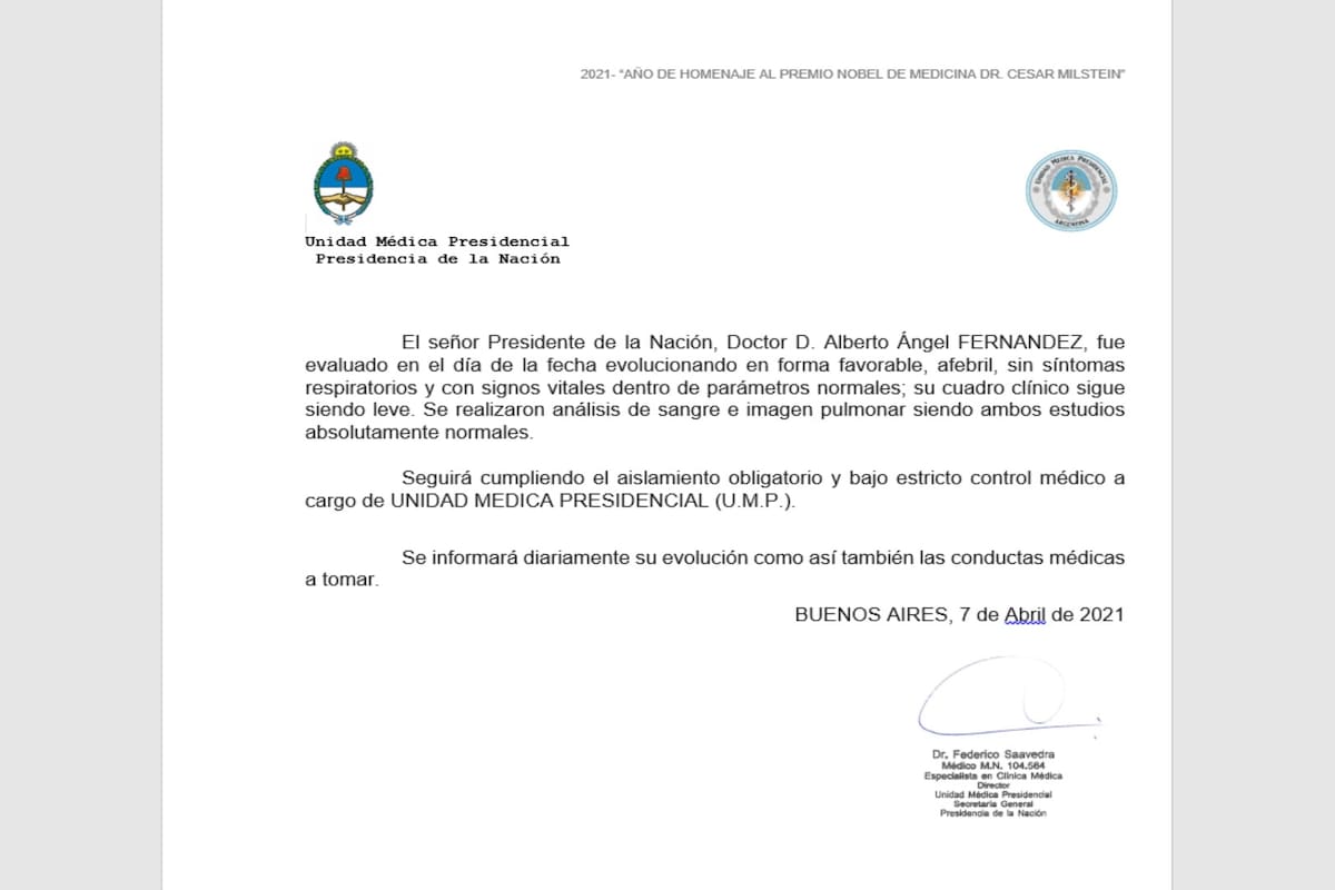 El último parte médico emitido por la Unidad Médica Presidencial