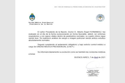 El último parte médico emitido por la Unidad Médica Presidencial