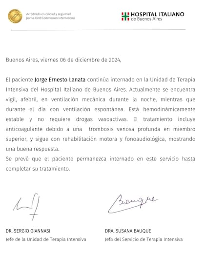 El último parte médico oficial sobre la salud de Jorge Lanata