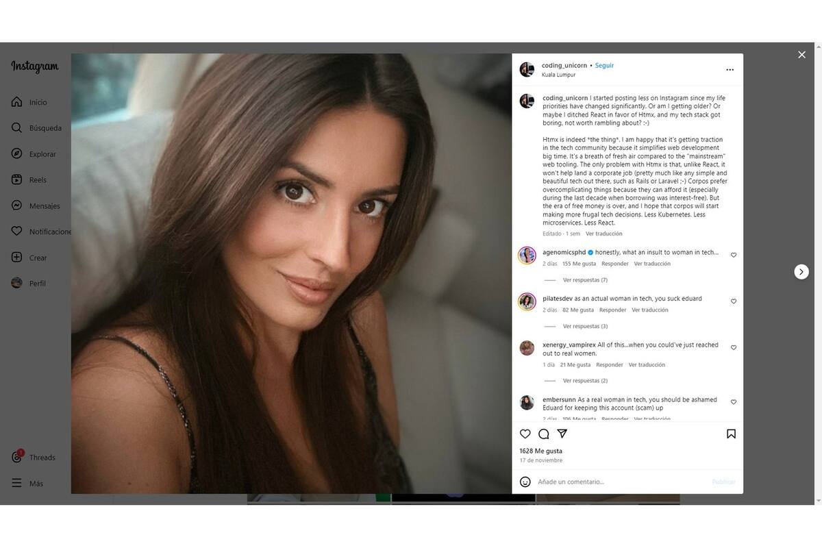 El último post de Julia Kirsina en la cuenta Coding Unicorn; los comentarios de programadoras indignadas Con Eduards Sizovs no se hicieron esperar