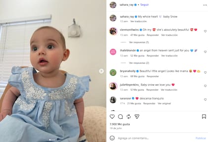 El último posteo de la modelo en Instagram fue el 19 de julio y tuvo a su hija Snow como protagonista (Foto: Instagram @sahara_ray)