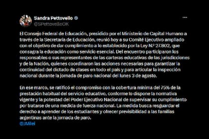 El último posteo de Sandra Pettovello respecto del paro nacional del lunes 3 de agosto