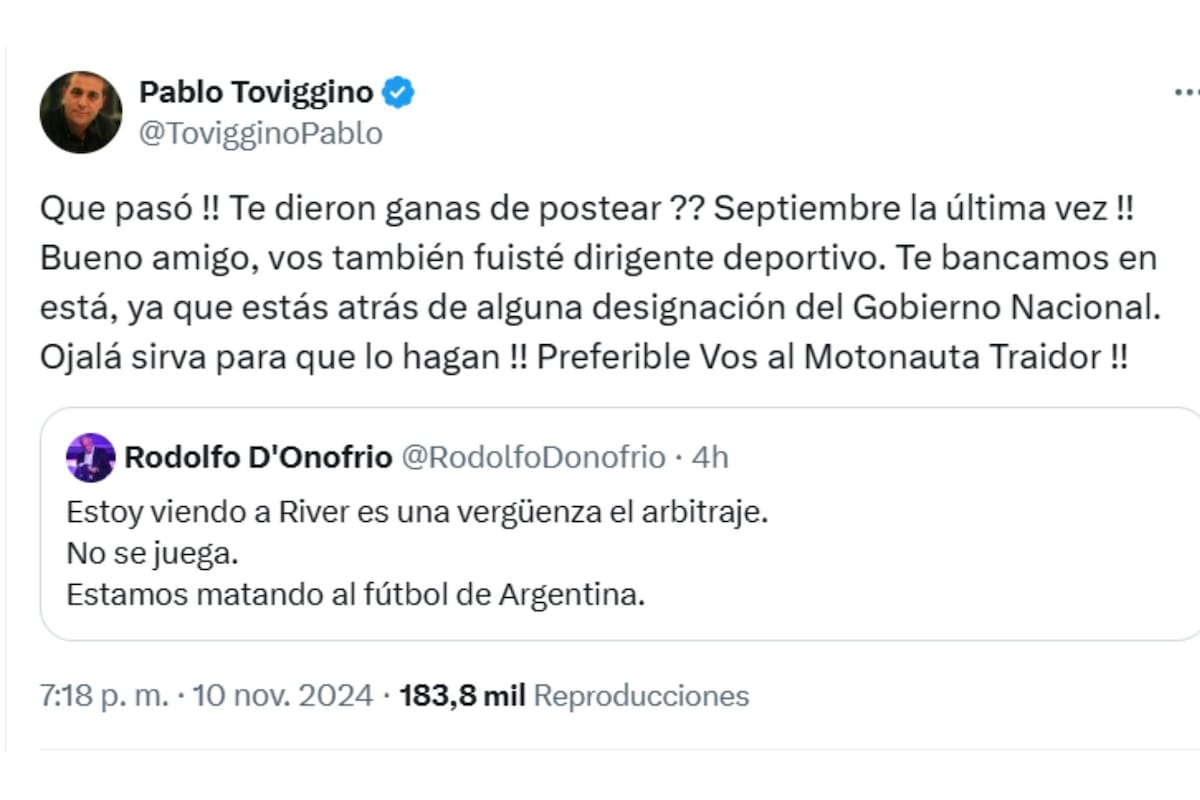 El último posteo en la red social X de Pablo Toviggino, la mano derecha de Claudio "Chiqui" Tapia en la AFA