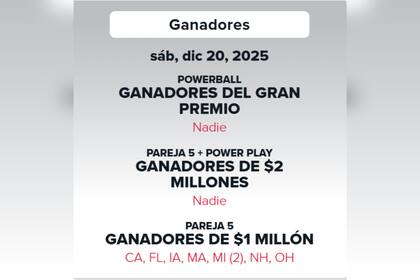 El último sorteo de Powerball, el sábado 20 de diciembre, no obtuvo ningún ganador del premio mayor