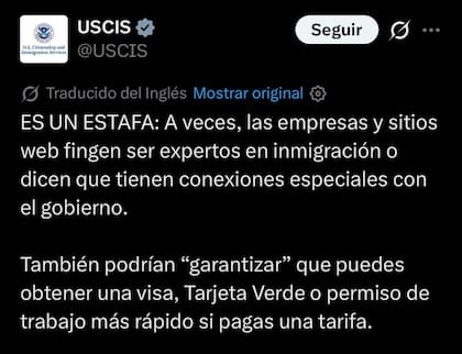 El Uscis publicó en X una advertencia sobre empresas que prometen acceso privilegiado a trámites migratorios
