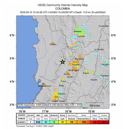El USGS emitió una alerta naranja que indica una alta probabilidad de daños materiales y víctimas mortales en estructuras vulnerables de la región