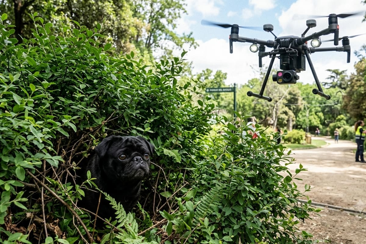 El uso de un dron permitió localizar al perro entre la maleza, pero fue recuperado a kilómetros de distancia