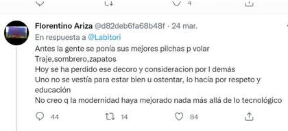 El usuario Florentino Ariza recordó cómo se viajaba antes en materia de indumentaria y lo comparó con los tiempos con los pasajeros de hoy