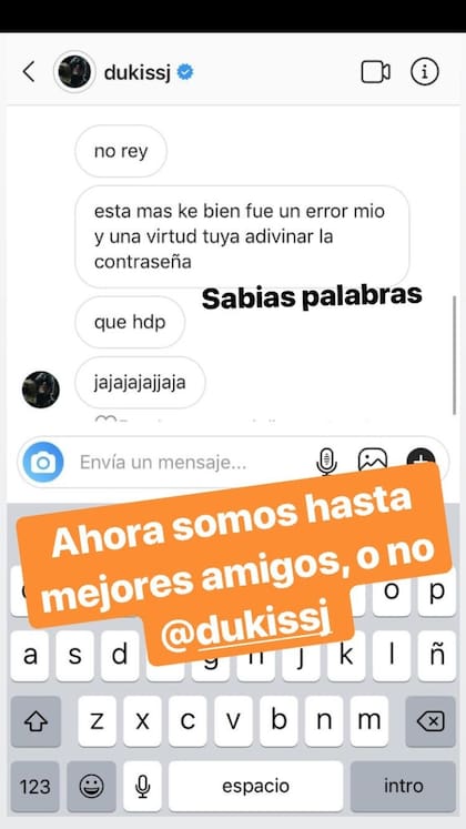 El usuario @iervasiii compartió la respuesta privada de Duki cuando descubrió que no era el único con acceso a su cuenta de Instagram