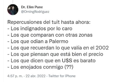 El usuario luego de su primer tuit realizó otro posteo en el que detalló las repercusiones por haber contado el precio que le cobraron a su hija la infusión.