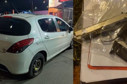 El vehículo Peugeot 308 asaltado junto a la pistola calibre 9mm con la que fue abatido el ladrón