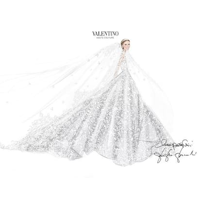 "El vestido de Nicky Hilton se compuso con guipur en tres tonos diferentes de marfil y plata, ricamente adornado con cristales. El corpiño de cuello alto se cosió a una falda globo que termina en una cola de tres metros. Cubierto con un largo velo, está adornado con un precioso encaje vintage en todo el contorno"