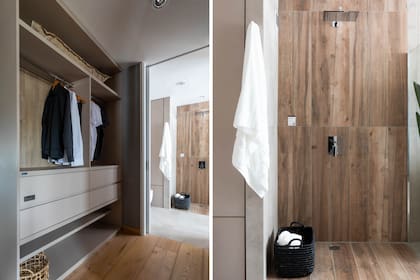 El vestidor desemboca en el baño. Lo primero que se ve, nuevamente la sensación de madera, en el porcelanato ‘Macuna natural’ junto con el modelo ‘Batilo Grey-In’ (ambos de Cerámica San Lorenzo).