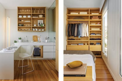 El vestidor podría ser cerrado, pero no quisieron invertir centímetros en puertas. El mueble del living y la cama, diseñados por el Estudio BA|SZ, están revestidos en melamina roble claro (Egger).