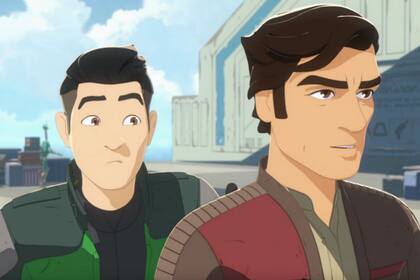 El veterano Poe Dameron junto al joven piloto Kazuda Xiono