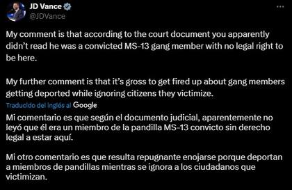 El vicepresidente de EE.UU. señaló que los documentos judiciales indican que el hombre deportado es miembro de la pandilla MS-13