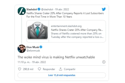 ”El virus de la mente despierta está haciendo que Netflix no se pueda ver”, escribió Musk