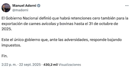 El vocero presidencial Manuel Adorni comunicó la decisión a través de la red social X