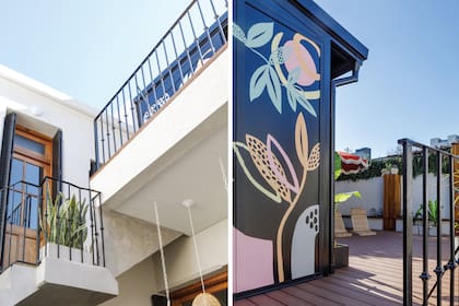 El volumen de chapa con fondo oscuro y mural de Camila Cantarian que se eleva de modo independiente en la terraza se separa en apariencia del resto de la casa, pero por dentro sigue su lógica.
