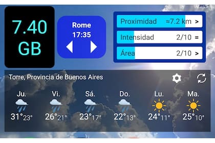 El widget de Alarma de lluvia, el jueves a las 12,35 del mediodía. Empezaba a acercarse la tormenta. Abajo se ve el widget de Weawow, con el pronóstico