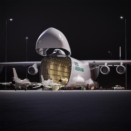 El WindRunner también podría utilizarse como avión militar de transporte pesado, como ha mostrado Radia en esta ilustración conceptual.