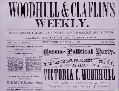 El Woodhull and Claflin's Weekly anunciando la candidatura presidencial de su cofundadora para las elecciones de 1872.