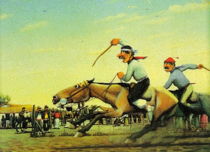 "¡El zaino por medio cuerpo!", la obra con la que Molina Campos reflejó una carrera cuadrera