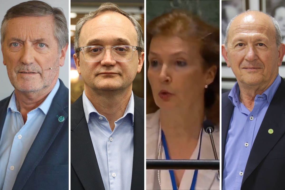 Elbio Laucirica, presidente de Coninagro; Gustavo Idígoras, presidente de Ciara-Cec; Diana Mondino, canciller, y Carlos Castagnani, presidente de CRA